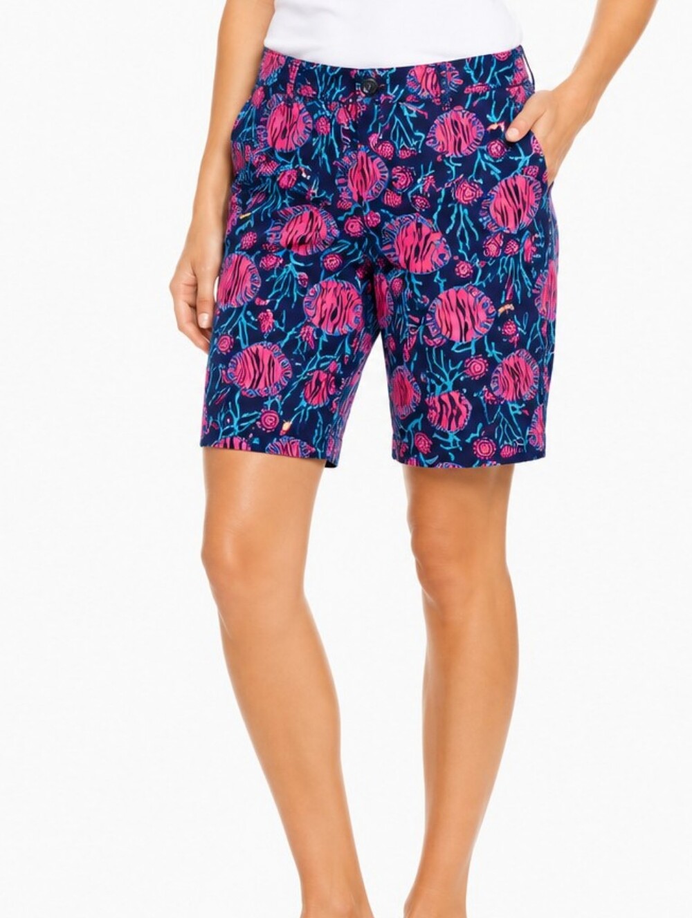 Lilly Pulitzer Jammin' Fish Avenue Bermuda Shorts Size 2 Navy Pink Fish Print